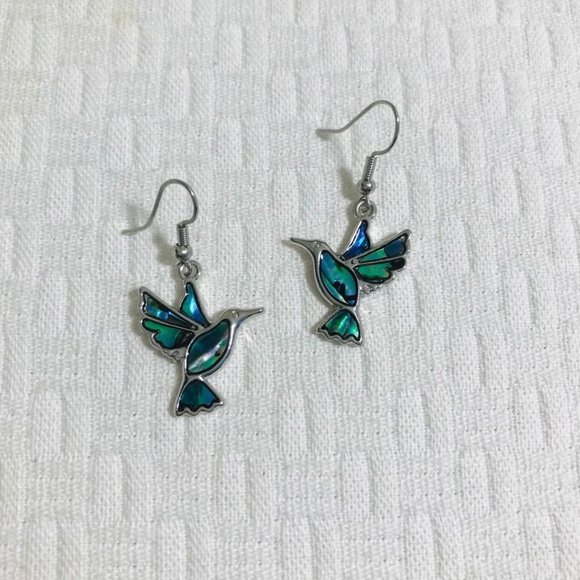 Abalone Hummingbird Earrings Silver Tone - Picture 2 of 3
